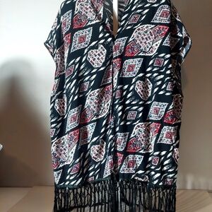 Vince Camuto Black Red White Cardigan Knit Fringe Boho Short Sleeve XL Artsy Fun